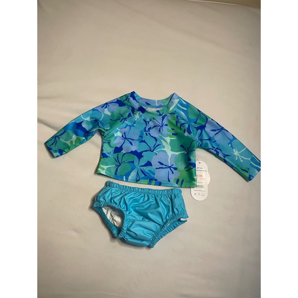 Wonder Nation Baby Blue Green Floral Rash Guard and Swim Diaper Set 0-3M UPF 50+